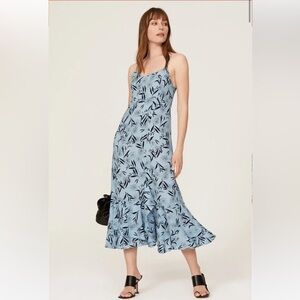 Thakoon Collective Leaf A-Line Midi Dress Floral Blue Womens Size 4 Rose Print